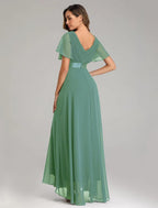 NumberSea - A - Line Prom Dresses Maxi Dress Fall Wedding Guest Dress For Bridesmaid Floor Length Short Sleeve V Neck Chiffon V Back with Ruched Ruffles