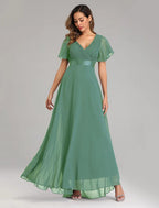 NumberSea - A - Line Prom Dresses Maxi Dress Fall Wedding Guest Dress For Bridesmaid Floor Length Short Sleeve V Neck Chiffon V Back with Ruched Ruffles