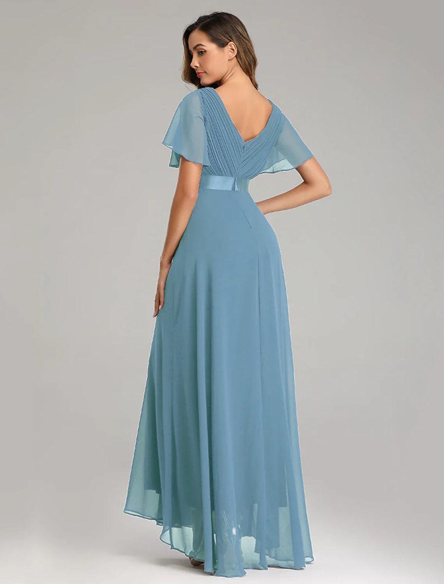 NumberSea - A - Line Prom Dresses Maxi Dress Fall Wedding Guest Dress For Bridesmaid Floor Length Short Sleeve V Neck Chiffon V Back with Ruched Ruffles