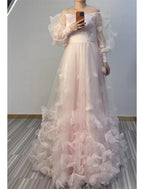 NumberSea - A - Line Prom Dresses Maxi Dress Wedding Guest Sweet 16 Floor Length Long Sleeve Scoop Neck Tulle with Appliques Butterfly