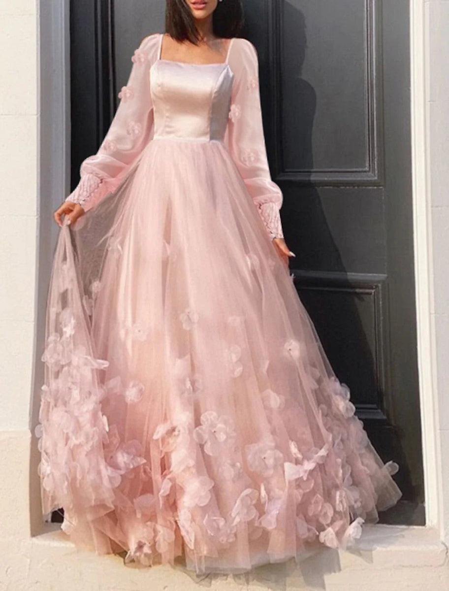 NumberSea - A - Line Prom Dresses Maxi Dress Wedding Guest Sweet 16 Floor Length Long Sleeve Scoop Neck Tulle with Appliques Butterfly