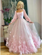 NumberSea - A - Line Prom Dresses Maxi Dress Wedding Guest Sweet 16 Floor Length Long Sleeve Scoop Neck Tulle with Appliques Butterfly