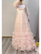 NumberSea - A - Line Prom Dresses Maxi Dress Wedding Guest Sweet 16 Floor Length Long Sleeve Scoop Neck Tulle with Appliques Butterfly