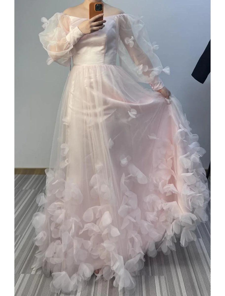NumberSea - A - Line Prom Dresses Maxi Dress Wedding Guest Sweet 16 Floor Length Long Sleeve Scoop Neck Tulle with Appliques Butterfly
