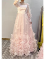 NumberSea - A - Line Prom Dresses Maxi Dress Wedding Guest Sweet 16 Floor Length Long Sleeve Scoop Neck Tulle with Appliques Butterfly