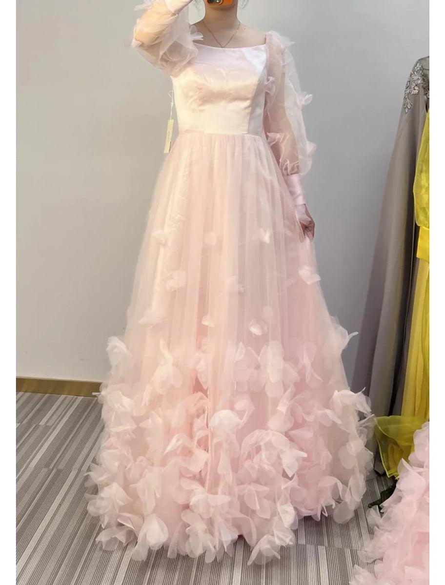 NumberSea - A - Line Prom Dresses Maxi Dress Wedding Guest Sweet 16 Floor Length Long Sleeve Scoop Neck Tulle with Appliques Butterfly