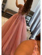 NumberSea - A - Line Prom Dresses Open Back Dress Formal Wedding Guest Floor Length Sleeveless V Neck Tulle Backless with Pleats Beading Appliques