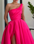 NumberSea - A - Line Prom Dresses Party Dress Formal Wedding Guest Sweep / Brush Train Sleeveless One Shoulder Satin with Ruched Slit
