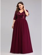 NumberSea - A - Line Prom Dresses Plus Size Dress Wedding Guest Floor Length Half Sleeve Plunging Neck Chiffon