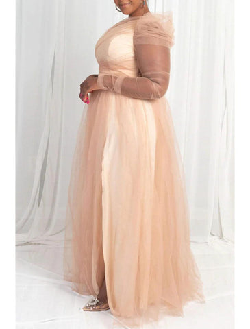 NumberSea - A - Line Prom Dresses Plus Size Dress Wedding Guest Formal Evening Sweep / Brush Train Long Sleeve One Shoulder Wednesday Addams Family Tulle with Slit Pure Color