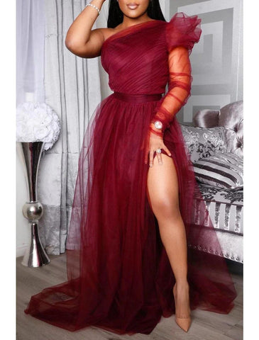 NumberSea - A - Line Prom Dresses Plus Size Dress Wedding Guest Formal Evening Sweep / Brush Train Long Sleeve One Shoulder Wednesday Addams Family Tulle with Slit Pure Color