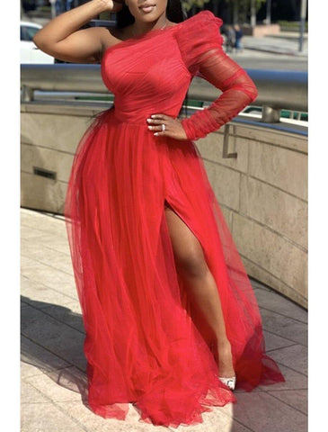 NumberSea - A - Line Prom Dresses Plus Size Dress Wedding Guest Formal Evening Sweep / Brush Train Long Sleeve One Shoulder Wednesday Addams Family Tulle with Slit Pure Color