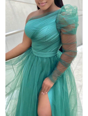 NumberSea - A - Line Prom Dresses Plus Size Dress Wedding Guest Formal Evening Sweep / Brush Train Long Sleeve One Shoulder Wednesday Addams Family Tulle with Slit Pure Color