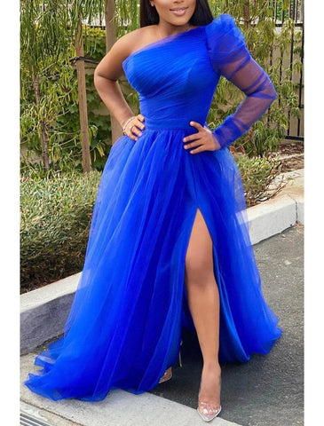 NumberSea - A - Line Prom Dresses Plus Size Dress Wedding Guest Formal Evening Sweep / Brush Train Long Sleeve One Shoulder Wednesday Addams Family Tulle with Slit Pure Color