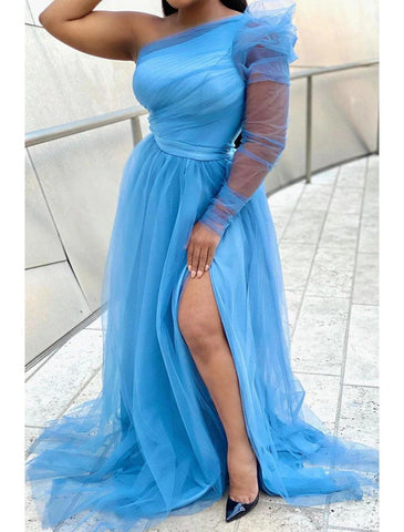 NumberSea - A - Line Prom Dresses Plus Size Dress Wedding Guest Formal Evening Sweep / Brush Train Long Sleeve One Shoulder Wednesday Addams Family Tulle with Slit Pure Color