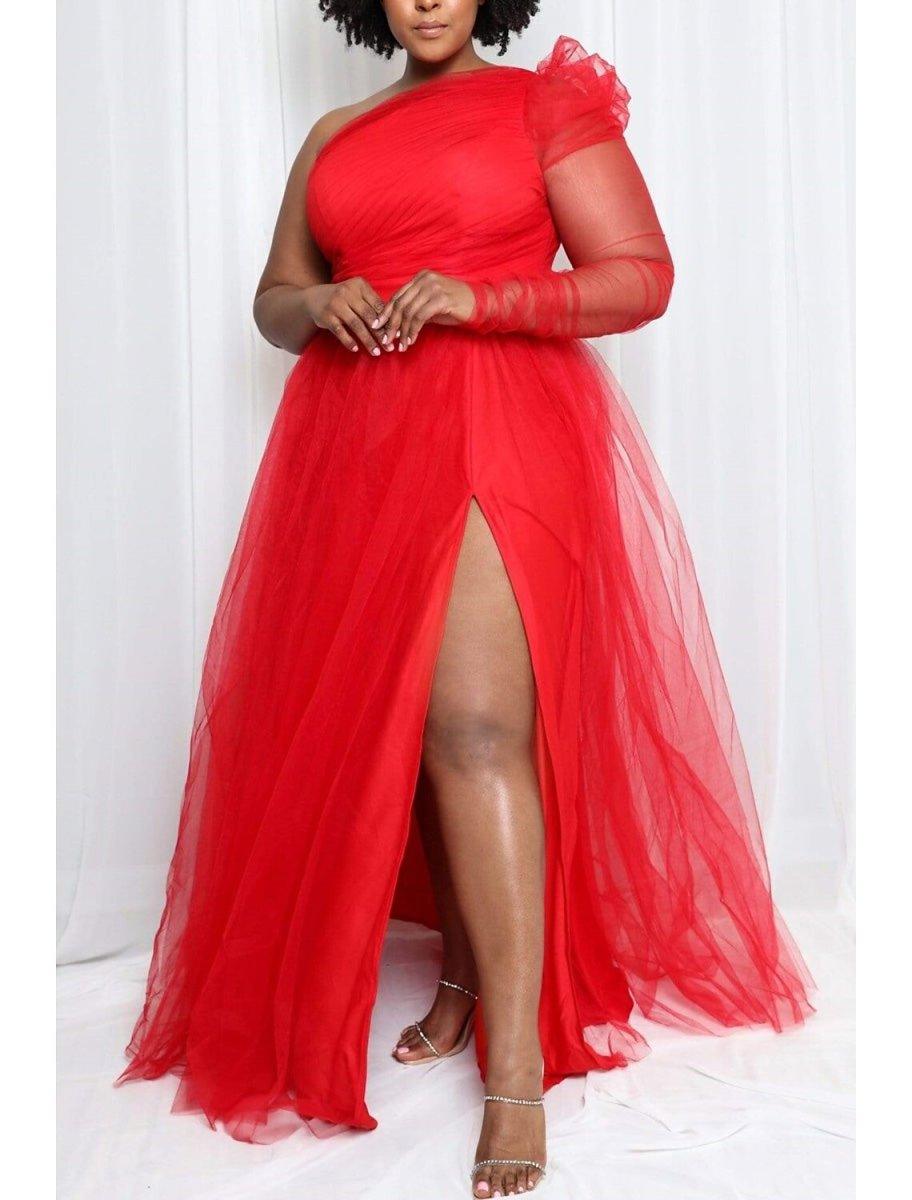 NumberSea - A - Line Prom Dresses Plus Size Dress Wedding Guest Formal Evening Sweep / Brush Train Long Sleeve One Shoulder Wednesday Addams Family Tulle with Slit Pure Color