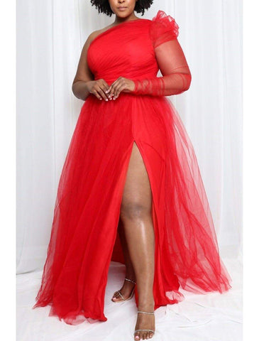 NumberSea - A - Line Prom Dresses Plus Size Dress Wedding Guest Formal Evening Sweep / Brush Train Long Sleeve One Shoulder Wednesday Addams Family Tulle with Slit Pure Color