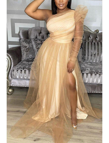 NumberSea - A - Line Prom Dresses Plus Size Dress Wedding Guest Formal Evening Sweep / Brush Train Long Sleeve One Shoulder Wednesday Addams Family Tulle with Slit Pure Color