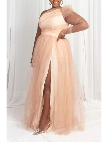 NumberSea - A - Line Prom Dresses Plus Size Dress Wedding Guest Formal Evening Sweep / Brush Train Long Sleeve One Shoulder Wednesday Addams Family Tulle with Slit Pure Color