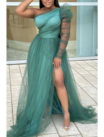 NumberSea - A - Line Prom Dresses Plus Size Dress Wedding Guest Formal Evening Sweep / Brush Train Long Sleeve One Shoulder Wednesday Addams Family Tulle with Slit Pure Color