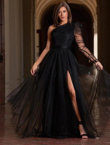 NumberSea - A - Line Prom Dresses Plus Size Dress Wedding Guest Formal Evening Sweep / Brush Train Long Sleeve One Shoulder Wednesday Addams Family Tulle with Slit Pure Color