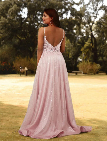 NumberSea - A - Line Prom Dresses Plus Size Dress Wedding Guest Sweep / Brush Train Sleeveless V Neck Tulle with Appliques Pure Color