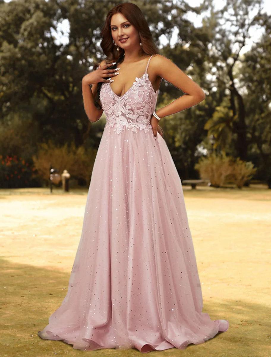 NumberSea - A - Line Prom Dresses Plus Size Dress Wedding Guest Sweep / Brush Train Sleeveless V Neck Tulle with Appliques Pure Color