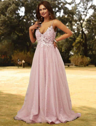 NumberSea - A - Line Prom Dresses Plus Size Dress Wedding Guest Sweep / Brush Train Sleeveless V Neck Tulle with Appliques Pure Color