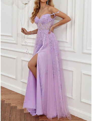 NumberSea - A - Line Prom Dresses See Through Dress Formal Sweep / Brush Train Sleeveless Sweetheart Tulle Backless with Beading Slit Appliques