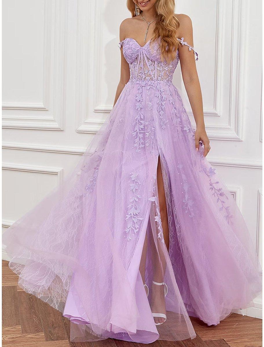 NumberSea - A - Line Prom Dresses See Through Dress Formal Sweep / Brush Train Sleeveless Sweetheart Tulle Backless with Beading Slit Appliques