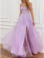 NumberSea - A - Line Prom Dresses See Through Dress Formal Sweep / Brush Train Sleeveless Sweetheart Tulle Backless with Beading Slit Appliques
