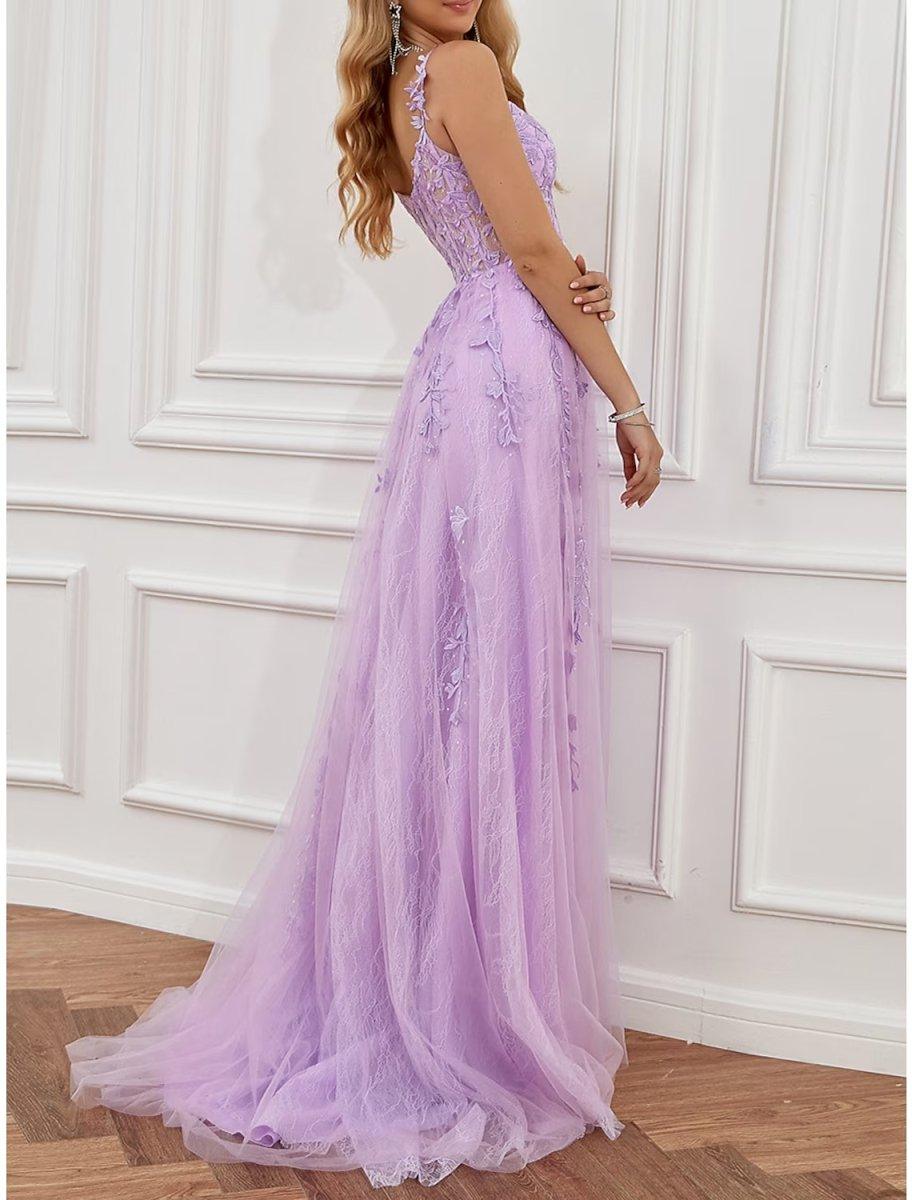 NumberSea - A - Line Prom Dresses See Through Dress Formal Sweep / Brush Train Sleeveless Sweetheart Tulle Backless with Beading Slit Appliques