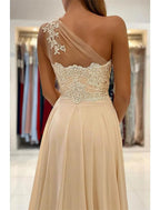 NumberSea - A - Line Prom Dresses Sexy Dress Formal Wedding Guest Court Train Sleeveless One Shoulder Chiffon with Slit Appliques