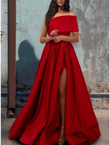 NumberSea - A - Line Prom Dresses Sexy Dress Party Wear Wedding Party Floor Length Short Sleeve One Shoulder Satin with Pleats Slit