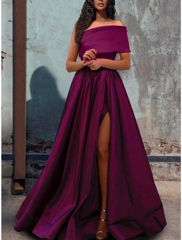 NumberSea - A - Line Prom Dresses Sexy Dress Party Wear Wedding Party Floor Length Short Sleeve One Shoulder Satin with Pleats Slit