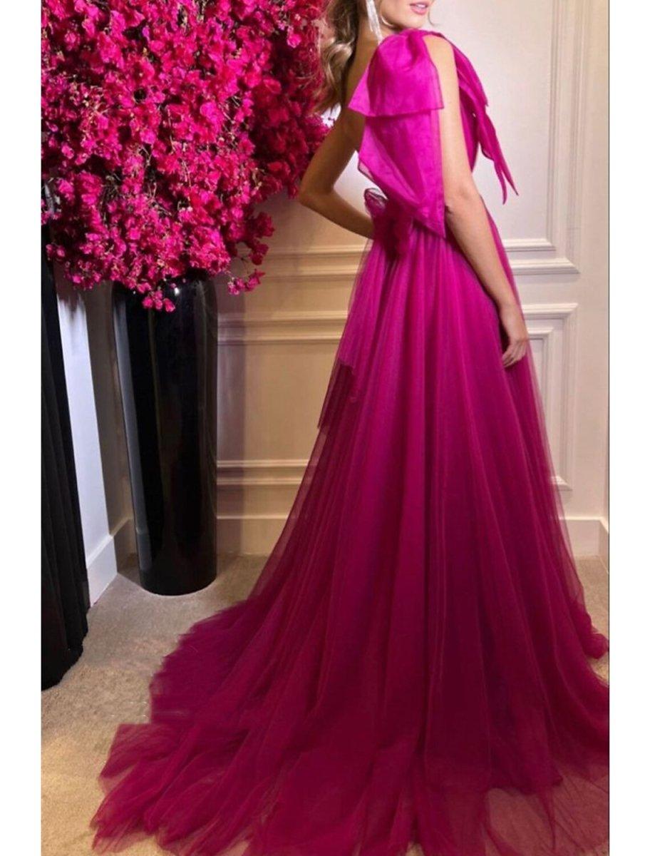 NumberSea - A - Line Prom Dresses Sexy Dress Wedding Party Birthday Court Train Sleeveless One Shoulder Tulle with Bow(s) Slit