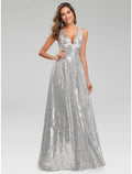 NumberSea - A - Line Prom Dresses Sparkle Dress Wedding Guest Engagement Floor Length Sleeveless V Neck Polyester V Back with Sequin