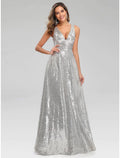 NumberSea - A - Line Prom Dresses Sparkle Dress Wedding Guest Floor Length Sleeveless V Neck Polyester V Back with Sequin