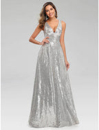 NumberSea - A - Line Prom Dresses Sparkle Dress Wedding Guest Floor Length Sleeveless V Neck Polyester V Back with Sequin