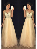 NumberSea - A - Line Prom Dresses Sparkle & Shine Dress Formal Floor Length Sleeveless V Neck Tulle V Back with Beading Appliques