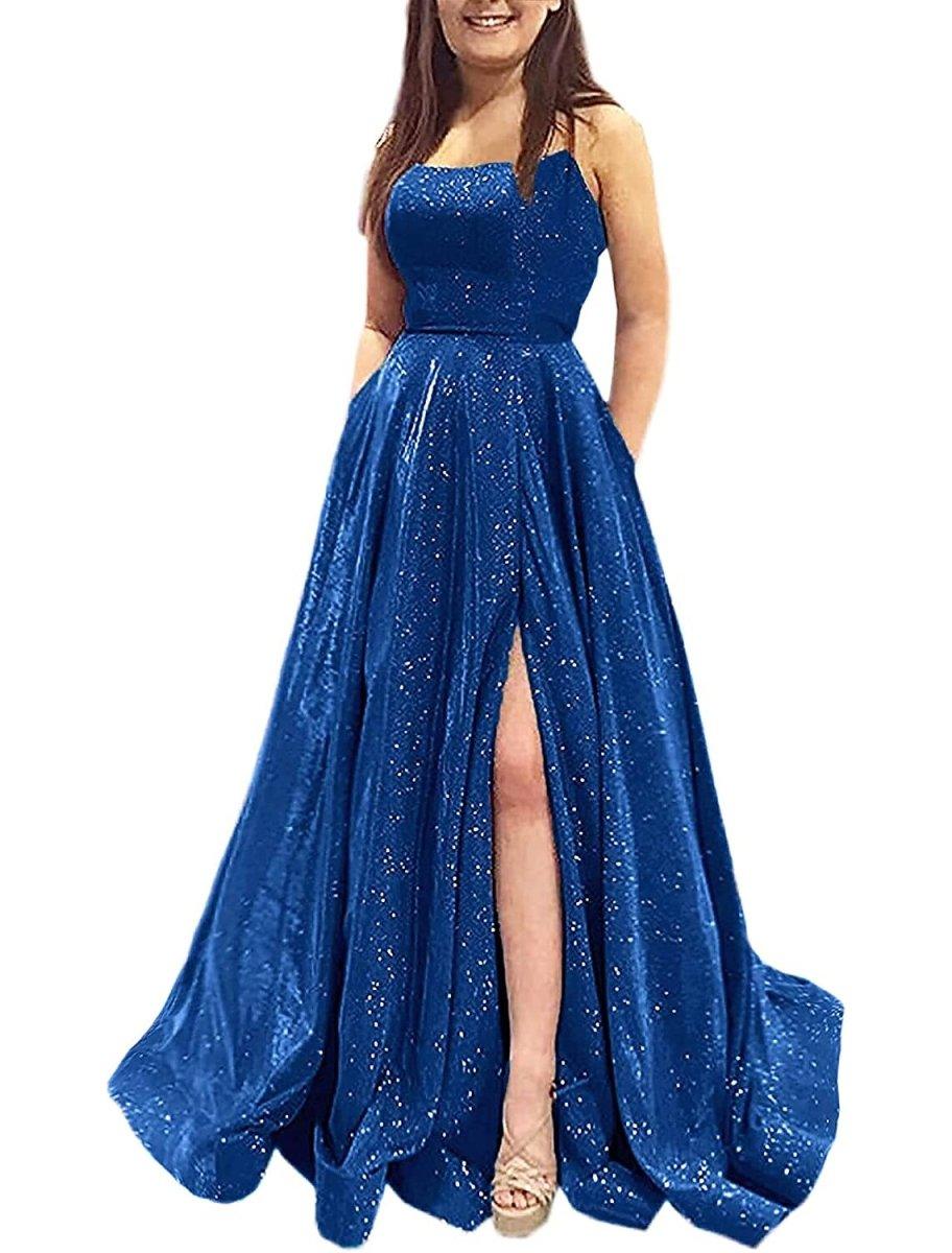 NumberSea-A-Line Prom Dresses Sparkle & Shine Dress Formal Prom Floor Length Sleeveless Strapless Pocket Stretch Satin Backless with Slit Pocket Royal