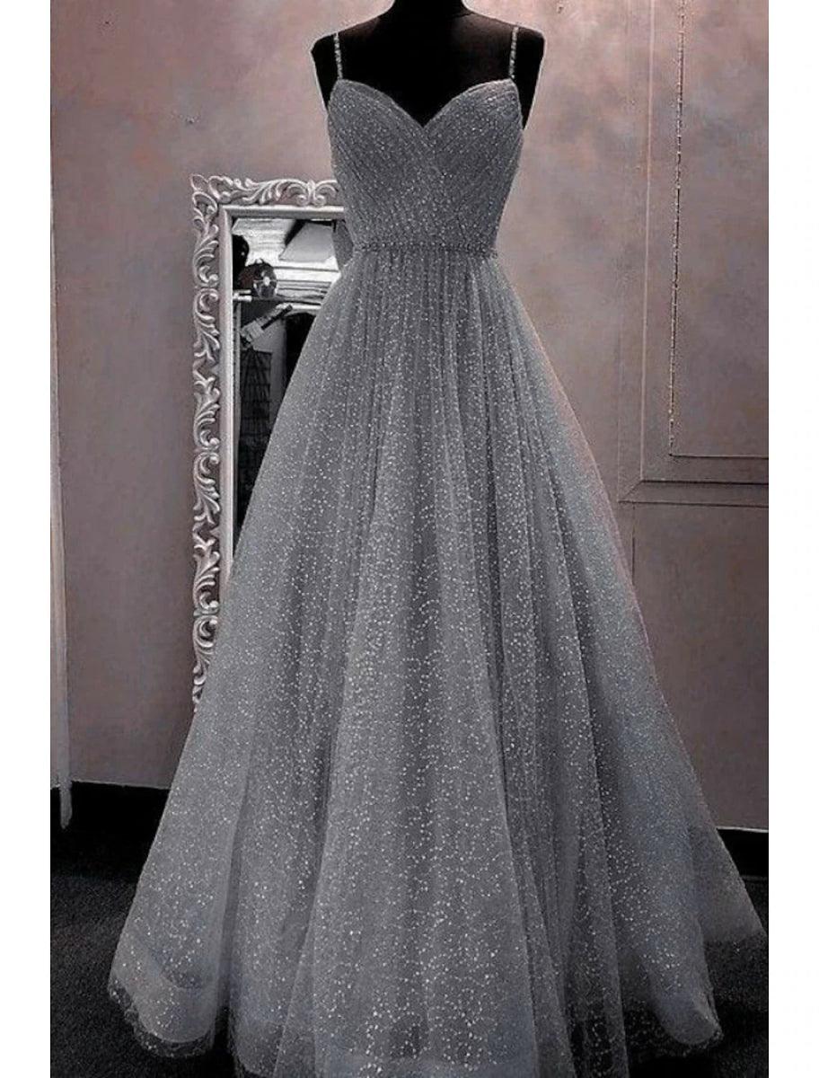 A-Line Prom Dresses Sparkle & Shine Dress Party Wear Birthday Floor Length Sleeveless Spaghetti Strap Tulle with Glitter Crystals, Light Grey A-Line Prom Dresses Sparkle & Shine Dress Party Wear Birthday Floor Length Sleeveless Spaghetti Strap Tulle with Glitter Crystals, Light Grey