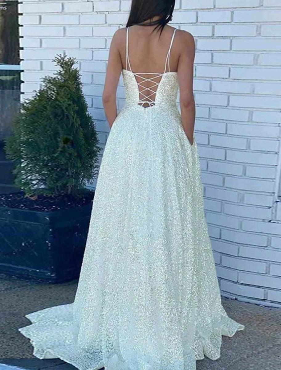 NumberSea - A - Line Prom Dresses Sparkle & Shine Dress Wedding Guest Party Wear Court Train Sleeveless Spaghetti Strap Sequined with Sequin Strappy