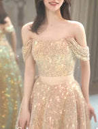 NumberSea - A - Line Prom Dresses Sparkle & Shine Dress Wedding Guest Prom Floor Length Short Sleeve Strapless Lace with Sequin