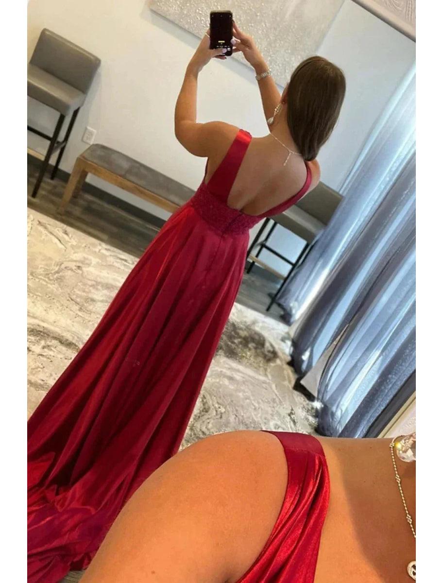 NumberSea - A - Line Prom Dresses Vintage Dress Formal Wedding Party Court Train Sleeveless Scoop Neck Lace Backless with Slit