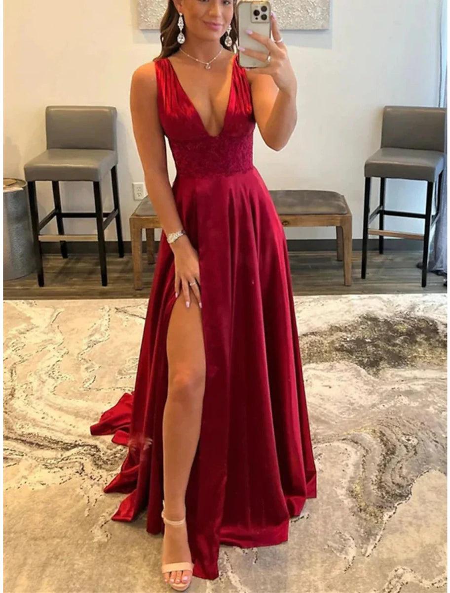 NumberSea - A - Line Prom Dresses Vintage Dress Formal Wedding Party Court Train Sleeveless Scoop Neck Lace Backless with Slit
