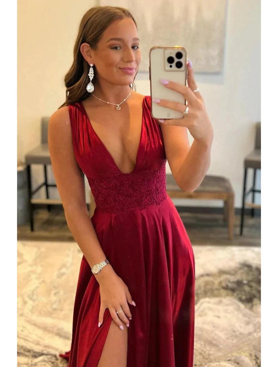 NumberSea - A - Line Prom Dresses Vintage Dress Formal Wedding Party Court Train Sleeveless Scoop Neck Lace Backless with Slit