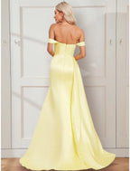 NumberSea - A - Line Prom Dresses Vintage Dress Party Wear Court Train Sleeveless Off Shoulder Stretch Satin with Ruched Slit