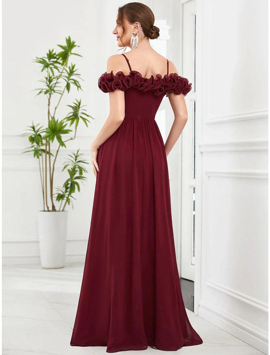NumberSea - A - Line Prom Dresses Vintage Dress Wedding Guest Birthday Floor Length Sleeveless Off Shoulder Bridesmaid Dress Chiffon with Appliques Shouder Flower
