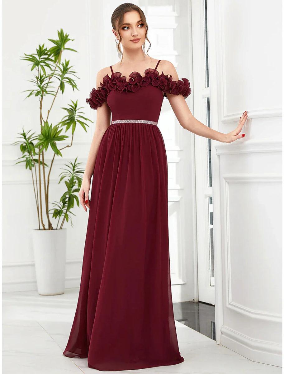 NumberSea - A - Line Prom Dresses Vintage Dress Wedding Guest Birthday Floor Length Sleeveless Off Shoulder Bridesmaid Dress Chiffon with Appliques Shouder Flower